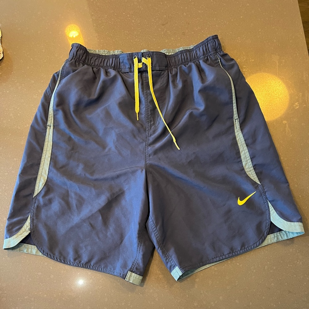 Nike swim trunks blue color block with neon logo and tie